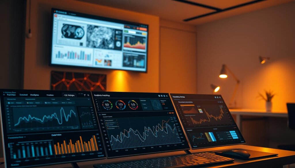 A sleek and modern data analytics dashboard, illuminated by warm, directional lighting that casts dramatic shadows. The foreground features a set of advanced analytical tools and visualizations, including interactive charts, graphs, and interactive data exploration interfaces. The middle ground showcases a large, high-resolution display screen displaying complex data models and predictive analytics. In the background, a minimalist, technologically-advanced workspace with clean lines, neutral tones, and sophisticated digital accents. The overall atmosphere conveys a sense of technological sophistication, efficiency, and the transformative power of AI and machine learning in data analysis.