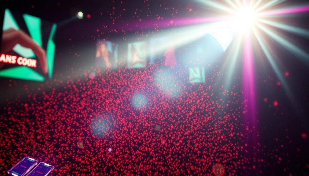 A captivating display of dynamic video effects, casting a vibrant glow across a cinematic scene. In the foreground, intricate particle systems swirl and dance, evoking a sense of energy and movement. In the middle ground, bold color overlays and subtle glitch distortions add depth and texture, while in the background, a subtle film grain and lens flare create an immersive, cinematic atmosphere. Lighting is dramatic, with strong directional illumination casting dramatic shadows and highlights, heightening the sense of depth and drama. The overall mood is one of excitement and visual flair, perfectly suited to enhance and elevate any video production.