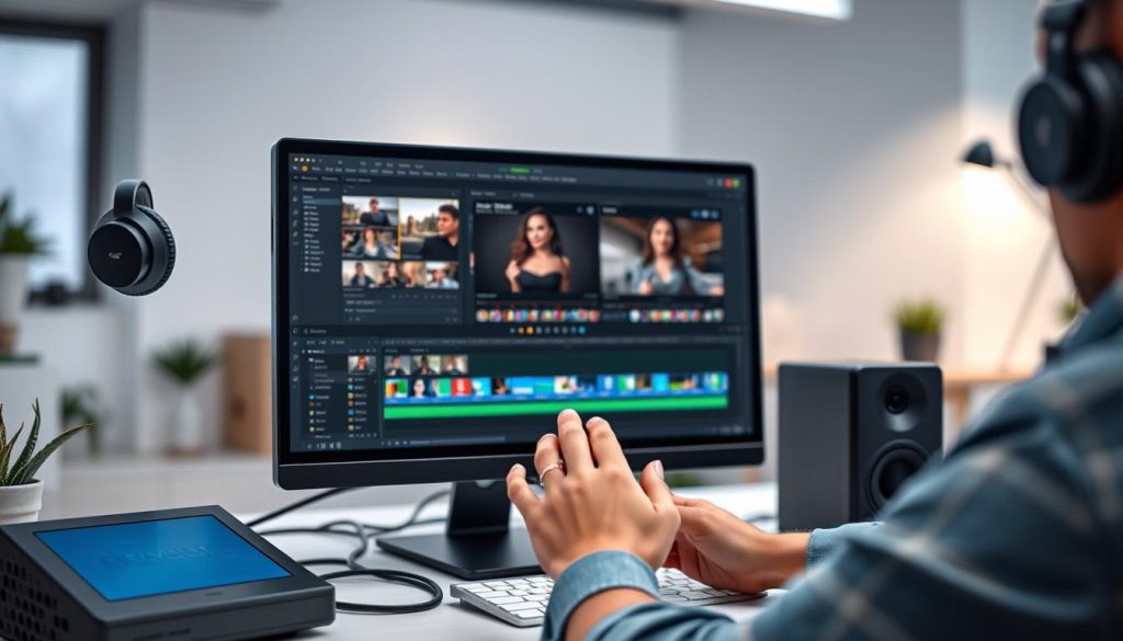 A modern, well-lit workspace with a sleek desktop computer, high-quality headphones, and a professional-grade video editing software open on the screen. The foreground features various video editing tools and interface elements, showcasing the software's intuitive layout and user-friendly features. The middle ground depicts a person's hands confidently navigating the software, highlighting the ease of use for beginners. The background is a blurred, minimalist office environment, creating a sense of focus and professionalism. The overall composition conveys the idea of a powerful yet accessible video editing solution, suitable for those new to the craft.