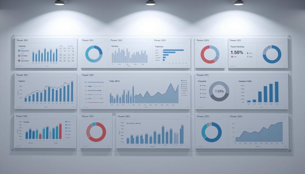 A neatly arranged data dashboard showcasing various Power BI data insights. The dashboard features a clean, minimalist design with a neutral color palette of grays, whites, and soft blues. The main focus is a large, central visualization displaying key metrics and trends, surrounded by smaller visualizations and KPIs. Subtle lighting from above casts a soft, even glow across the entire scene, highlighting the clarity and precision of the data presentation. The overall impression is one of professionalism, efficiency, and a deep understanding of the underlying data.