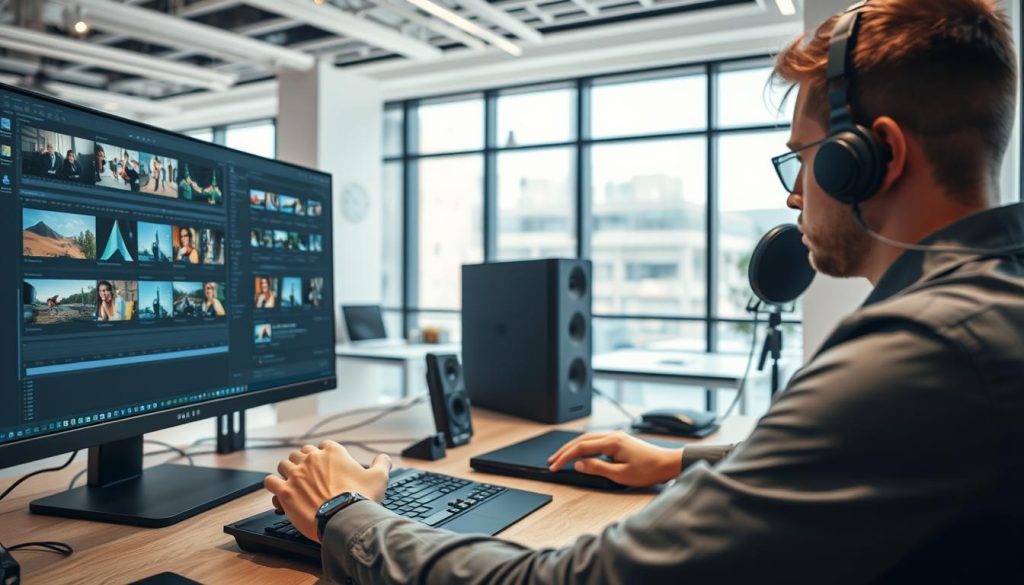 A well-lit, professional-looking video editing workspace. In the foreground, a user's hands operating the controls of a video editing software interface, with various media files like video clips, images, and audio tracks visible on the screen. The middle ground shows the user's desk setup, including a high-end desktop computer, a large monitor, and peripherals like a graphics tablet and a high-quality microphone. The background depicts a modern, minimalist office environment with large windows allowing natural light to flood the space, creating a sense of openness and productivity.